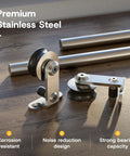 Top Mount Sliding Barn Door Hardware Kit Built Tough With Heavy Duty Stainless Steel Track And Slick Ball Bearing Rollers, parts shown.