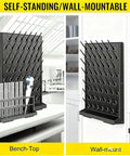 Qugurlid Wall Mounted Lab Drying Rack With 52 Rods And Drainage Outlet Made From Durable Polypropylene shown in self-standing and wall-mountable designs.