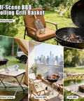 Two Pack Stainless Steel Grill Basket With Removable Beech Wood Handle for vegetables, shrimp, fish on BBQ scene collage.