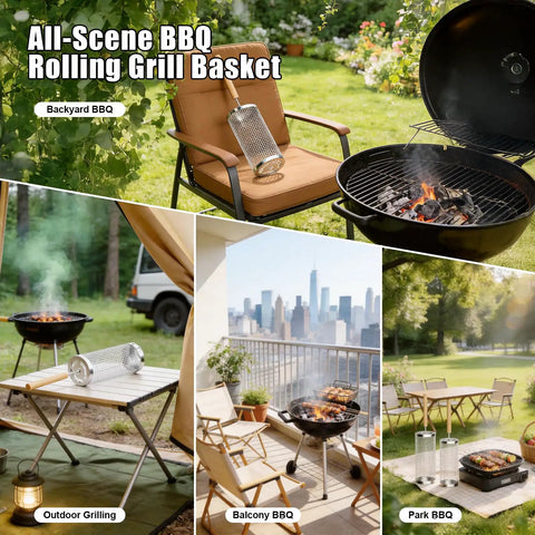 Two Pack Stainless Steel Grill Basket With Removable Beech Wood Handle for vegetables, shrimp, fish on BBQ scene collage.