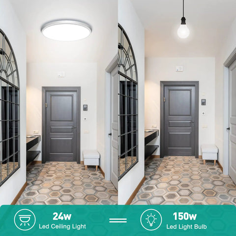 Comparison of Motion Sensor LED Ceiling Light 12 Inch Flush Mount 24W Daylight Sensor with Auto On and traditional bulb in hallway