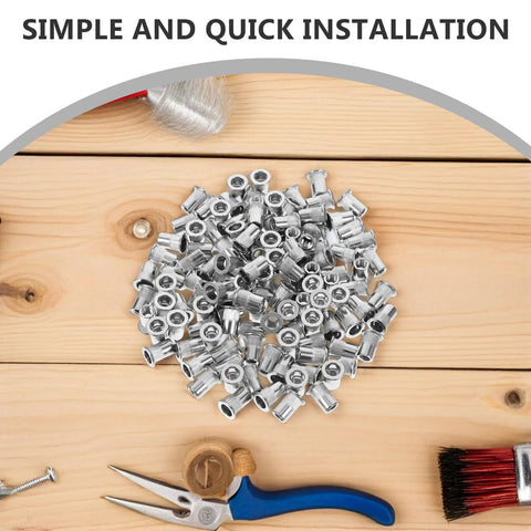 Stainless Steel Rivet Nuts Kit With 120 Pieces Flat Head Knurled Threaded Inserts For Quick, Secure Connections shown on wooden surface