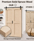 Heavy Duty 80 Inch Double Bifold Barn Door Hardware Kit With Super Slick Spring Steel Tracks And Smooth Glide Rollers For Rustic Spruce Wood Closet Doors image comparing solid spruce wood quality.