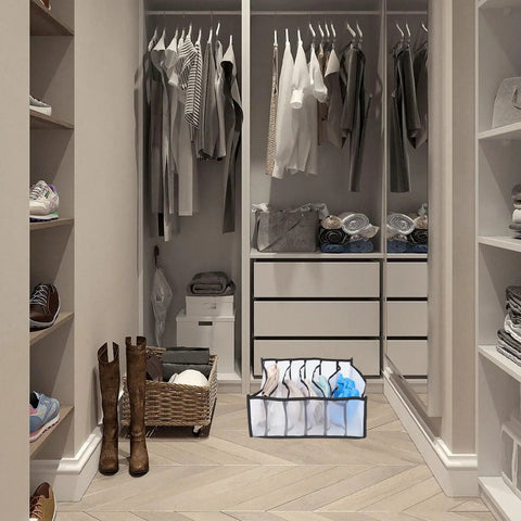 Three Pack Dope Underwear And Sock Storage Bins Made From Heavy Duty Nylon Grid Panels Delivers A Hella Neat Dresser Drawer And Closet Game Changer Setup in a modern closet.