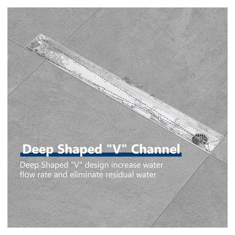 48 Inch Offset Linear Shower Drain With Tile Insert Grate Cover Brushed Stainless Steel Rectangle Side Outlet Built Tough Design And No Sweat Maintenance For Sleek Bathrooms And Kitchens, featuring deep shaped V channel for efficient water flow.