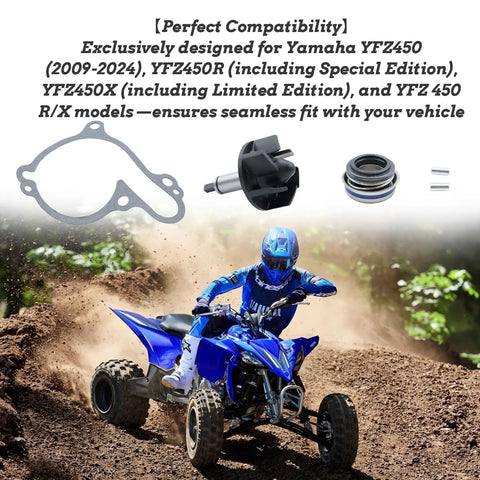 Slick Water Pump Repair Kit Featuring Heavy Duty Ball Bearings Shaft Seal And Tight Fit Gasket For Yamaha 4T Atv Yfz450r X Se 2009 Through 2024 Models components including gasket, impeller, and seal on an ATV