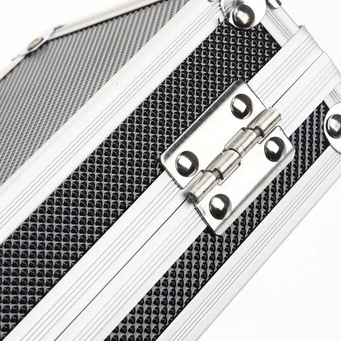 Heavy Duty Aluminum Tool Case With Dead Secure Latch And Comfy Grip Handle For Organizing Multi Purpose Large Capacity Work Gear Tablets Screws And Electronic Devices Portable Storage Box close-up showing latch and textured surface.
