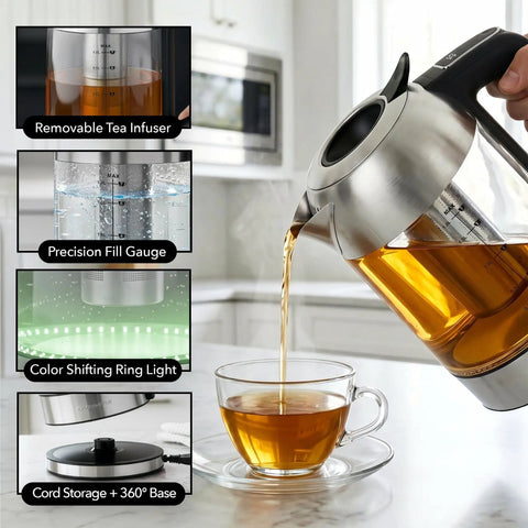Digital Glass Electric Kettle With Temperature Control, 1.8L Cordless Tea Kettle, 7 Presets pouring tea to show use and features