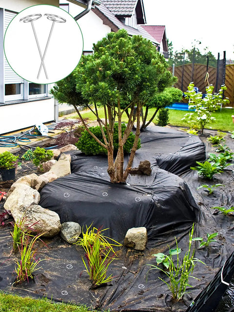 Heavy Duty 7 Gauge Thickened Garden Fabric Stakes 6 Inch Galvanized Landscape Staples With Circle Top Ground Pins securing weed barrier in garden