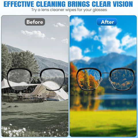 Front view of VOISEN eyeglass lens wipes ad showing before and after cleaning with two glasses.
