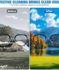 Lens wipes for eyeglasses: black-framed glasses shown in before-and-after cleaning panels.