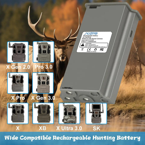 Heavy Duty 6000mAh Replacement Batteries 4 Pack With 4 Port Fast Charger For Trail Cameras, shown with compatible models.
