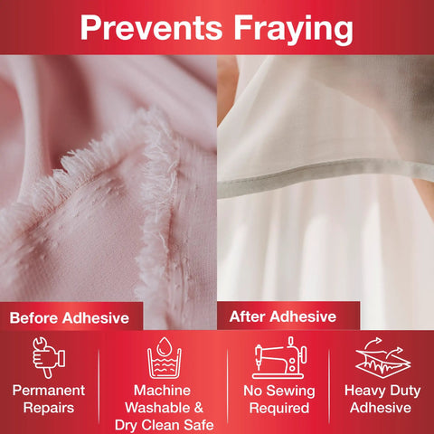 Comparison of fabric fraying before and after using Heavy Duty Iron-On Fusing Web Fabric Adhesive For Quick, Strong Repairs And Fray Prevention - 3/4 Inch By 8 Yards, Ideal For Garments And DIY Crafts For Home Sewers And Crafting Enthusiasts