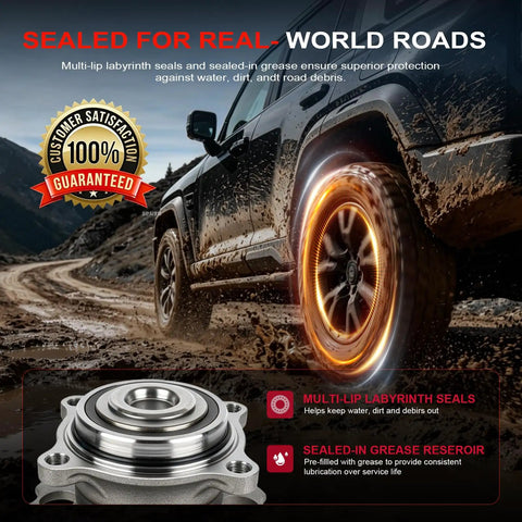 Heavy Duty Rear Wheel Bearing And Hub Assembly With 5 Lug Setup, Built Damn Tough To Crush Potholes, shown on rugged terrain.