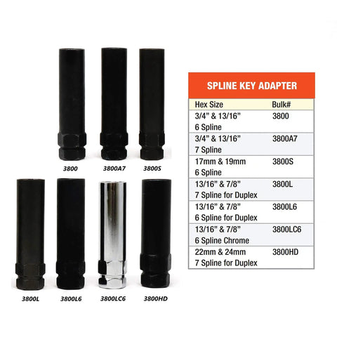 Image showing various Six Spline Key Adapter sizes and types for heavy-duty truck and SUV lug nuts.