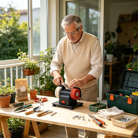 Smooth Operator Mini Bench Grinder For Home Shop Deburring Sharpening And Steel Polishing in use by a senior man on a workbench.