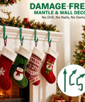 Heavy Duty Christmas Adhesive Wall Hooks For Stockings And Garland Damage Free Clear Sticky Holders With Chill Out Setup For Sweet Grip Mantel Holiday Decoration with four stockings on a festive mantel.
