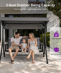 Three Seat Patio Swing With Adjustable Tilt Canopy, Easy Setup Metal Frame On Stand, family sitting outside