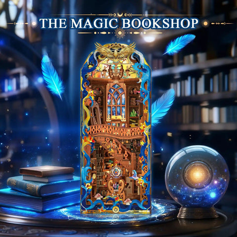 DIY Miniature Book Nook Kit With LED Light, Fantasy Bookstore Scene For Your Shelf showing a magical bookstore setup with glowing elements.