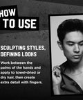 Image shows a man using Matte Separation Workable Hair Wax For Men With Beast Hold And Anti Humidity Travel Friendly 3 Pack Provides Definition Without Shine Strong Style Control Great For Frizz All Day Fresh Look, with instructions on defining looks.