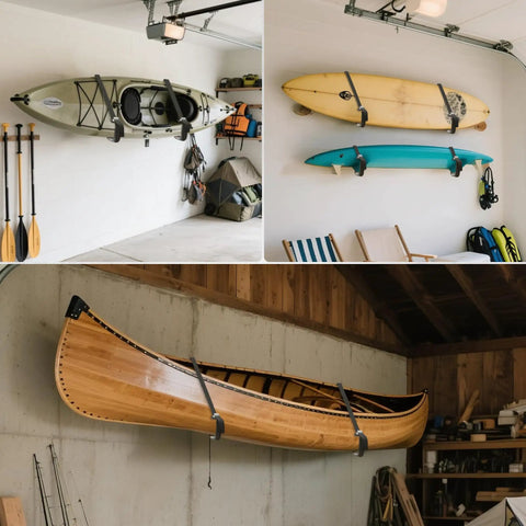Heavy Duty Wall Mounted Kayak Rack Holds 120 Pounds Beast Mode Garage Saver With Versatile Hook Design supports kayaks and surfboards.