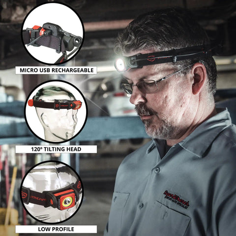 Man wearing Dual Light Source USB Headlamp Twin Task 375 Lumen Hands Free Night Work Light With Tilt Head IPX4 Water Resistant