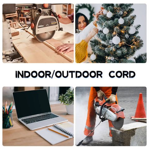 Heavy Duty Outdoor Extension Cord Waterproof 10 Feet Black 3 Prong Grounded Plug 16 Awg 13 Amp weatherproof power cable in workshop use.