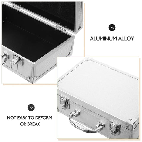 Rugged Aluminum Alloy Tool Case With Sturdy Carry Handle For Mechanics And Weekend Warriors Solid Locking Design, interior and exterior views.