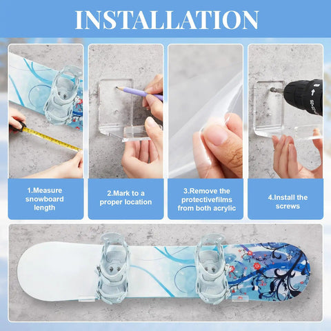 Installation steps for Rad Clear Acrylic Skateboard And Snowboard Wall Mount Rack for Secure Deck Display and Storage