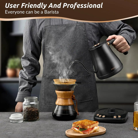 Gooseneck Electric Kettle 1L With Six Temperature Presets, 1200W fast heating, matte black for pour over coffee brewing scene