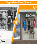 Dual Pack Wall Mounted Ski And Snowboard Storage Rack Heavy Duty Duo Set with organized gear in garage setting.