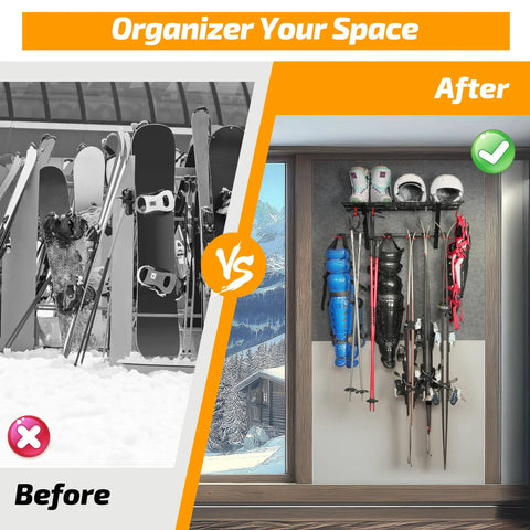 Dual Pack Wall Mounted Ski And Snowboard Storage Rack Heavy Duty Duo Set with organized gear in garage setting.