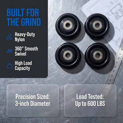 4 Pack 3 Inch Nylon Pulley Wheels Heavy Duty Track Rollers For Trailer Jack And Hand Cart Replacement on a metal surface.