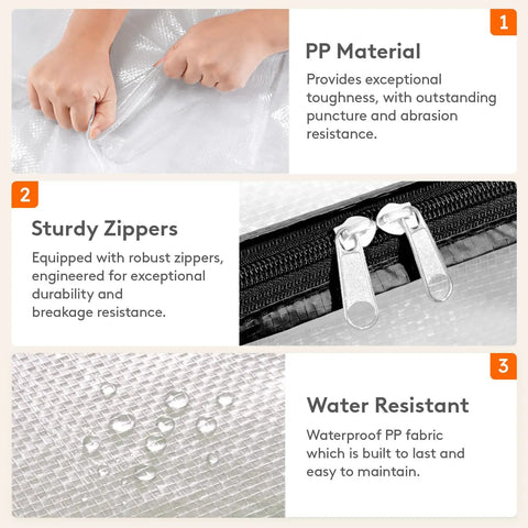 Detailed view of Roomy Clear Storage Sacks, Heavy Duty 60L Zippered Packing Bags featuring sturdy zippers and water-resistant PP material.