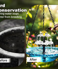 Comparison showing a before and after of a Hanging Solar Bird Bath Fountain With Glass Bowl Outdoor Garden Water Feature attracting a hummingbird.