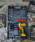 21V Cordless Drill And Screwdriver Combo Offers Beast Mode Power For Serious Homeowners with toolkit, bits, and charger laid out.