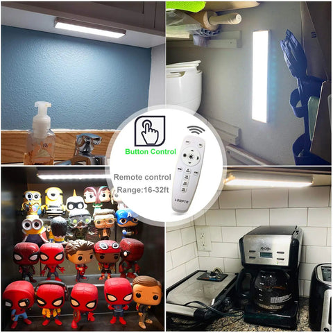 Rechargeable Under Cabinet Lights 4 Pack Wireless RGB LED Lighting with Remote, shown in kitchen and display settings