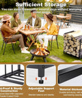 Group at table by fire pit; 15.5 Inch Compact Metal Firewood Rack With Built In Fire Blower nearby, features shown in close-ups.