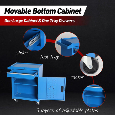 Movable bottom cabinet shows large storage area with tray drawers, adjustable plates, and wheels for versatility. Badass Heavy Duty Rolling Tool Chest With Five Snappy Drawers And Detachable Top Box Lockup Wheels And Adjustable Shelf For The Ultimate Garage Gear Setup In Classic Blue.