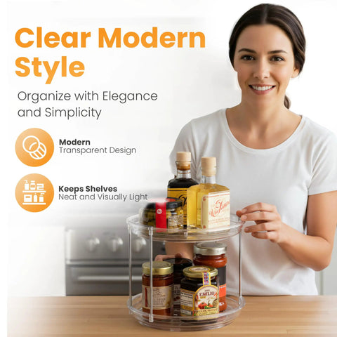 Clear Two Tier Lazy Susan Organizers Two Pack With Effortless Smooth Spin Turntable Silent Revolving Base Maximizing Vertical Counter Space For Spice Jars total kitchen game changer with spice jars on a wooden counter.