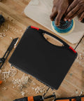 No Fuss Plastic Tool Box Organizer With Sturdy Carry Handle For Nuts Bolts And Fasteners Portable Parts Caddy on workshop table.