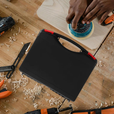 No Fuss Plastic Tool Box Organizer With Sturdy Carry Handle For Nuts Bolts And Fasteners Portable Parts Caddy on workshop table.