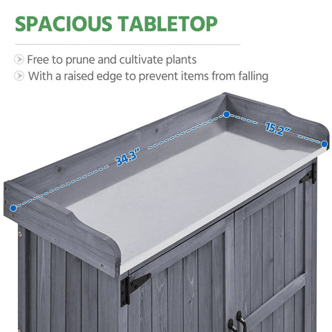 Mobile Outdoor Potting Bench Table With Castors On Wheels Solid Wood Workstation showing spacious metal tabletop with raised edges