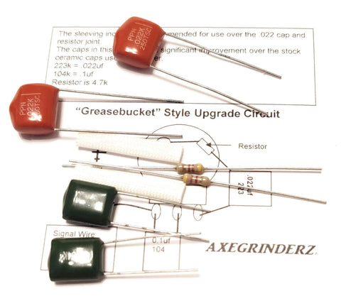 Pair Greasebucket Guitar Tone Pot Film Capacitor Upgrade Kit Vintage Wiring Replacement with resistors and circuit diagram.