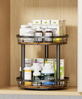 Top Tier Heavy Duty Rustic Lazy Susan Turntable With Smooth Spin Rotating Spice Rack And Reinforced Metal Frame Sturdy Pantry Seasoning Organizer For Kitchen Cabinet Setup with medicine bottles on shelves.