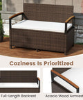 Wicker Outdoor Storage Bench With Hidden 46 Gallon Gas Strut Lift Up Storage, Rattan Deck Box with acacia wood armrests on patio