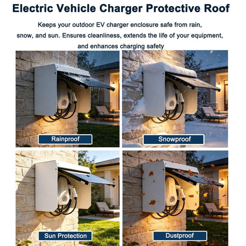Top Tier All Season Outdoor Electric Charger Cover Magnetic Flip Door Ultra Violet Rain Snow Dust Shield Wall Mounted Housing Heavy Duty Protection One Hand Access For Your Plug In Ride with rain, snow, sun, and dust protection.