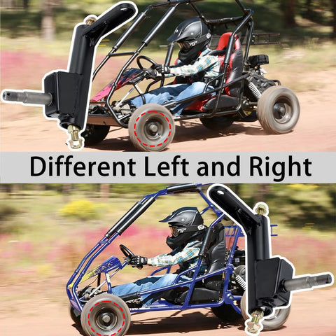 Riders driving off-road go-karts with Left And Right Spindle Steering Knuckle for KT196 CK196 T KT194 196cc go-karts in view