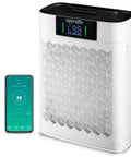 Dead Quiet Smart Air Purifier For Home Serving Crisp Clean Vibes With Chill Sleep Mode And Auto Adjust Settings Plus Wifi App Control For Fresh Air In Big Rooms Up To One Thousand Seventy Six Sq Ft White, with smartphone app display.