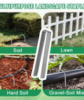 Heavy Duty 12 Inch 8 Gauge Galvanized Landscape Staples, U Shaped Ground Cover Stakes, Pack Of 25 in use on sod, lawn, and gravel-soil mix